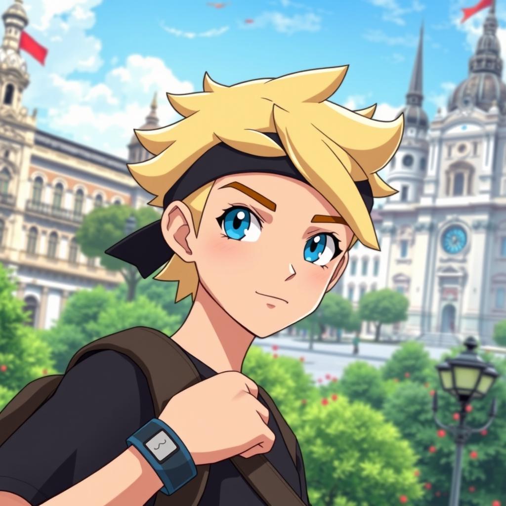 A classic styled blonde boy with striking blue eyes, depicted as a Pokémon trainer wearing dark clothing