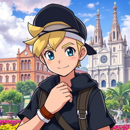 A classic styled blonde boy with striking blue eyes, depicted as a Pokémon trainer wearing dark clothing