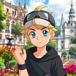 A classic styled blonde boy with striking blue eyes, depicted as a Pokémon trainer wearing dark clothing