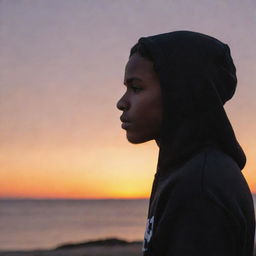 A dark-skinned boy in profile, wearing a black hoodie with the name 'Jamine' on the back, gazing at a stunning sunset.