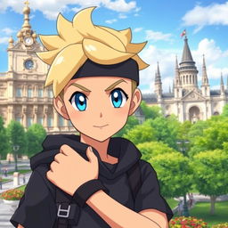 A classic styled blonde boy with striking blue eyes, depicted as a Pokémon trainer wearing dark clothing