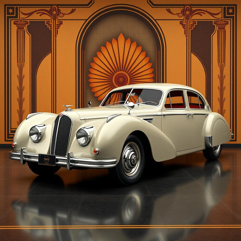 A vintage look four-door car with a slick, aerodynamic body, showcasing a blend of Talbot Lago and Bugatti design elements