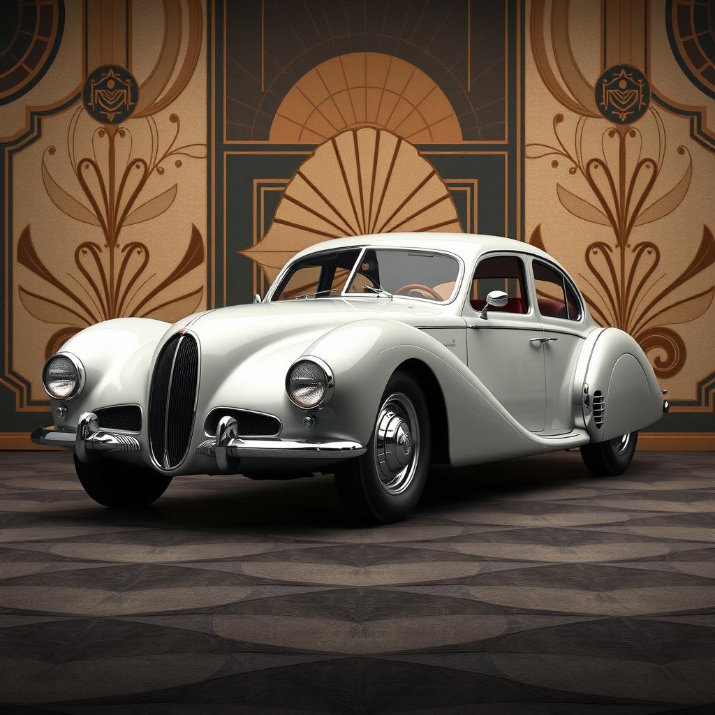 A vintage look four-door car with a slick, aerodynamic body, showcasing a blend of Talbot Lago and Bugatti design elements