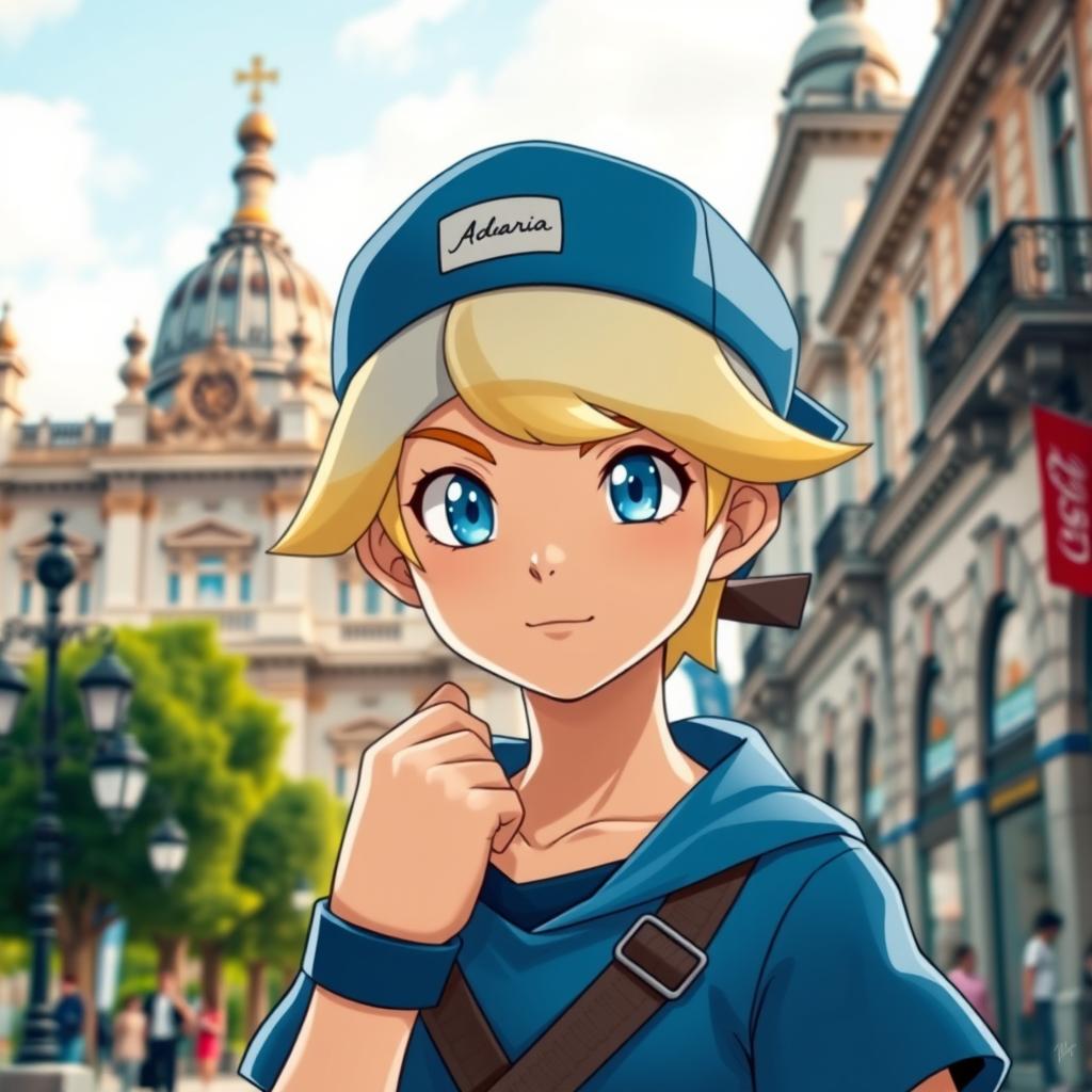 A classic styled blonde boy with striking blue eyes, depicted as a Pokémon trainer wearing a blue outfit