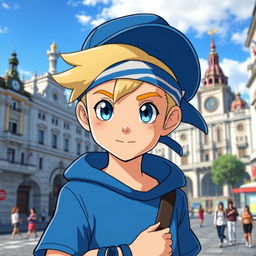 A classic styled blonde boy with striking blue eyes, depicted as a Pokémon trainer wearing a blue outfit