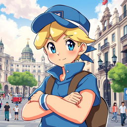 A classic styled blonde boy with striking blue eyes, depicted as a Pokémon trainer wearing a blue outfit