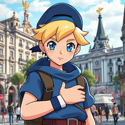 A classic styled blonde boy with striking blue eyes, depicted as a Pokémon trainer wearing a blue outfit