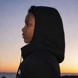 A dark-skinned boy in profile, wearing a black hoodie with the name 'Jamine' on the back, gazing at a stunning sunset.