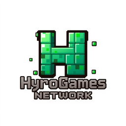 A creative logo design for 'HyroGames Network', focusing on a beautifully crafted pixel art representation of the letter 'H'