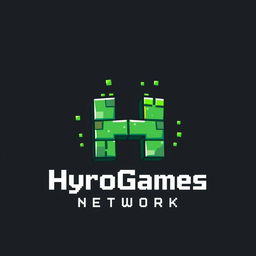 A creative logo design for 'HyroGames Network', focusing on a beautifully crafted pixel art representation of the letter 'H'