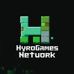 A creative logo design for 'HyroGames Network', focusing on a beautifully crafted pixel art representation of the letter 'H'