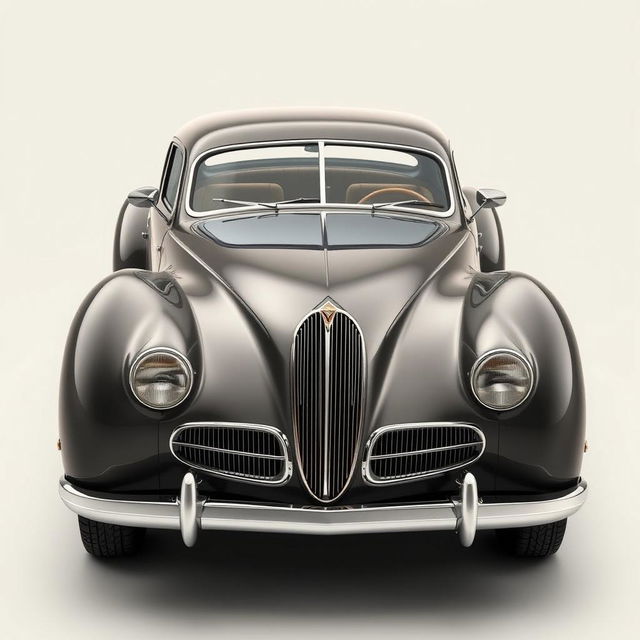 A vintage look four-door car with a slick, streamlined body, realistically designed in the style of a Talbot Lago