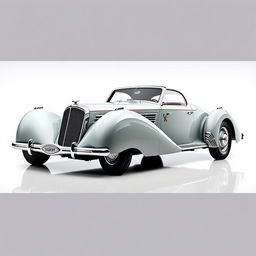 A vintage look four-door car with a slick, streamlined body, realistically designed in the style of a Talbot Lago