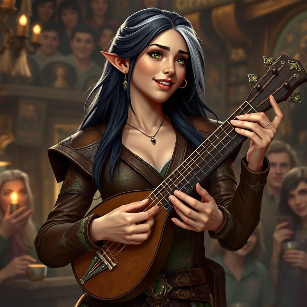 A young but mature-looking half-elf bard with long black hair streaked with white, soft green eyes, and a gentle smile