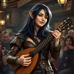 A young but mature-looking half-elf bard with long black hair streaked with white, soft green eyes, and a gentle smile