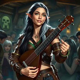 A young but mature-looking half-elf bard with long black hair streaked with white, soft green eyes, and a gentle smile