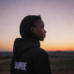 A dark-skinned boy in profile, wearing a black hoodie with the name 'Jamine' on the back, gazing at a stunning sunset.