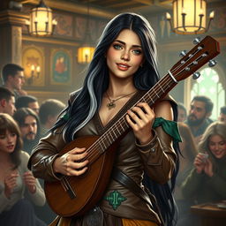 A young but mature-looking half-elf bard with long black hair streaked with white, soft green eyes, and a gentle smile