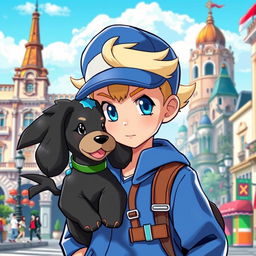 A classic styled blonde boy with striking blue eyes, depicted as a Pokémon trainer wearing a blue outfit and a stylish cap