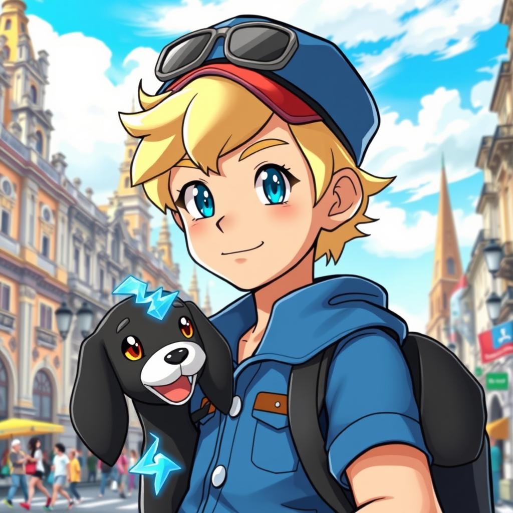 A classic styled blonde boy with striking blue eyes, depicted as a Pokémon trainer wearing a blue outfit and a stylish cap