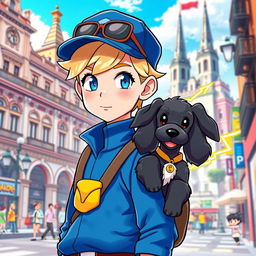 A classic styled blonde boy with striking blue eyes, depicted as a Pokémon trainer wearing a blue outfit and a stylish cap