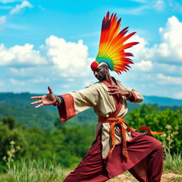 Aarakocra monk with vibrant, colorful crest feathers, gracefully posed in a dynamic martial arts stance