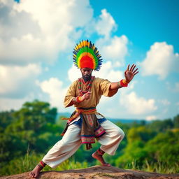 Aarakocra monk with vibrant, colorful crest feathers, gracefully posed in a dynamic martial arts stance