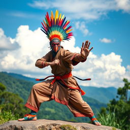 Aarakocra monk with vibrant, colorful crest feathers, gracefully posed in a dynamic martial arts stance