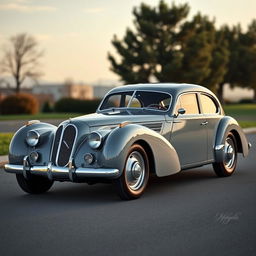 A vintage Talbot Lago style car with a sleek and realistic design featuring four doors and a shaped coach body