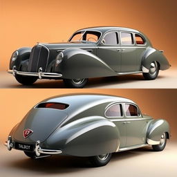 A vintage Talbot Lago style car with a slick, realistic body featuring four doors and a beautifully shaped coach