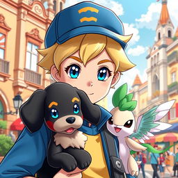 A classic styled blonde boy with striking blue eyes, depicted as a Pokémon trainer wearing a blue outfit and a fashionable cap