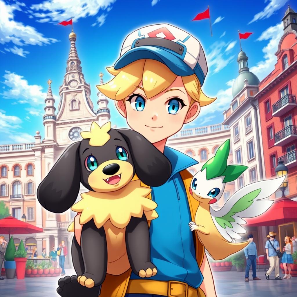 A classic styled blonde boy with striking blue eyes, depicted as a Pokémon trainer wearing a blue outfit and a fashionable cap