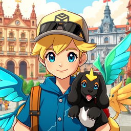 A classic styled blonde boy with striking blue eyes, depicted as a Pokémon trainer wearing a blue outfit and a fashionable cap