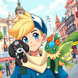 A classic styled blonde boy with striking blue eyes, depicted as a Pokémon trainer wearing a blue outfit and a fashionable cap