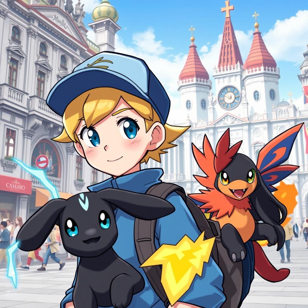 A classic styled blonde boy with striking blue eyes, depicted as a Pokémon trainer wearing a blue outfit and a stylish cap