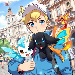 A classic styled blonde boy with striking blue eyes, depicted as a Pokémon trainer wearing a blue outfit and a stylish cap