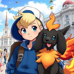 A classic styled blonde boy with striking blue eyes, depicted as a Pokémon trainer wearing a blue outfit and a stylish cap