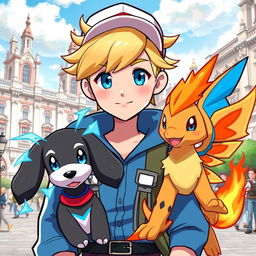 A classic styled blonde boy with striking blue eyes, depicted as a Pokémon trainer wearing a blue outfit and a stylish cap