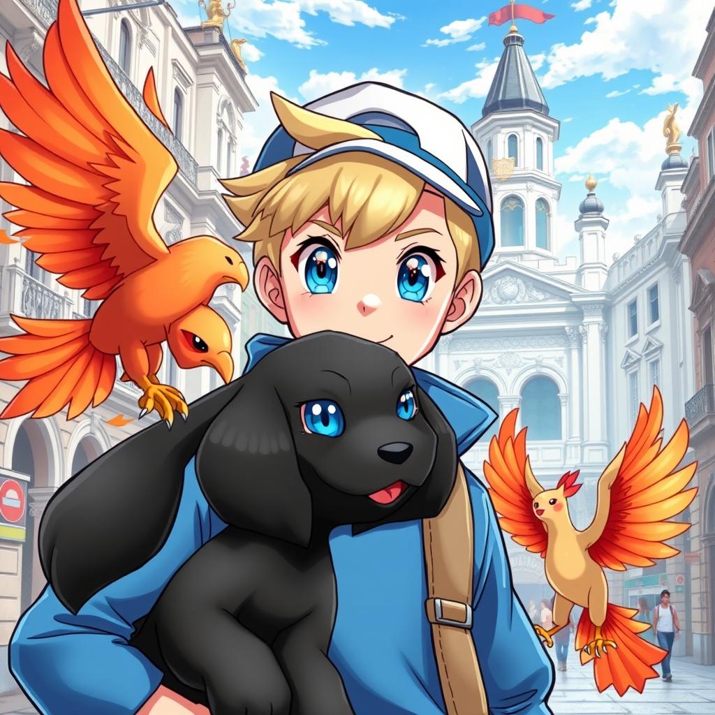 A classic styled blonde boy with striking blue eyes, depicted as a Pokémon trainer in a blue outfit and a trendy cap