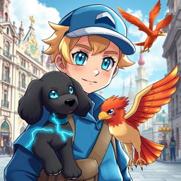 A classic styled blonde boy with striking blue eyes, depicted as a Pokémon trainer in a blue outfit and a trendy cap