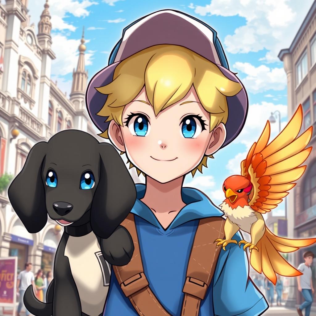 A classic styled blonde boy with striking blue eyes, depicted as a Pokémon trainer in a blue outfit and a trendy cap