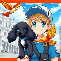 A classic styled blonde boy with striking blue eyes, depicted as a Pokémon trainer in a blue outfit and a trendy cap