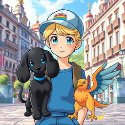 A classic styled blonde boy with bright blue eyes, portrayed as a Pokémon trainer in a blue outfit complemented by a stylish cap