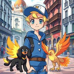 A classic styled blonde boy with bright blue eyes, portrayed as a Pokémon trainer in a blue outfit complemented by a stylish cap