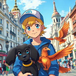 A classic styled blonde boy with bright blue eyes, portrayed as a Pokémon trainer in a blue outfit complemented by a stylish cap