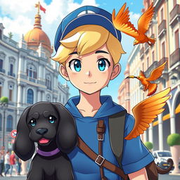 A classic styled blonde boy with bright blue eyes, portrayed as a Pokémon trainer in a blue outfit complemented by a stylish cap