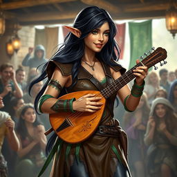 A young but mature-looking half-elf bard with long black hair streaked with white, soft green eyes, and a gentle smile