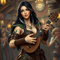 A young but mature-looking half-elf bard with long black hair streaked with white, soft green eyes, and a gentle smile