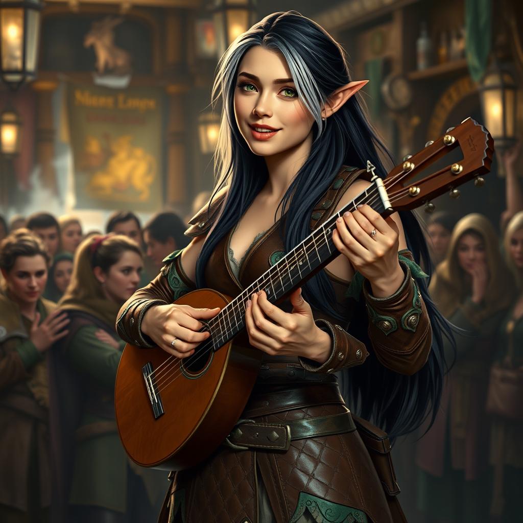 A young but mature-looking half-elf bard with long black hair streaked with white, soft green eyes, and a gentle smile