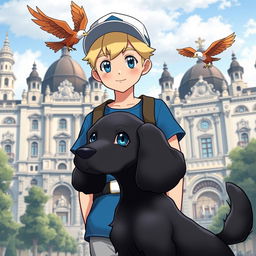 A classic styled blonde boy with bright blue eyes, portrayed as a Pokémon trainer dressed in a blue outfit and wearing a stylish cap